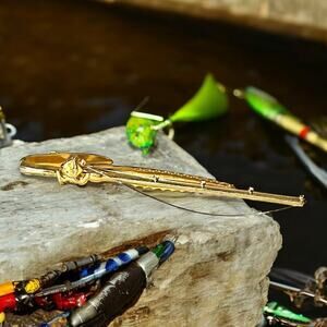 Vintage Hickok USA Fishing Pole Tie Clasp Mens Gold Tone Novelty Outdoor Dadcore